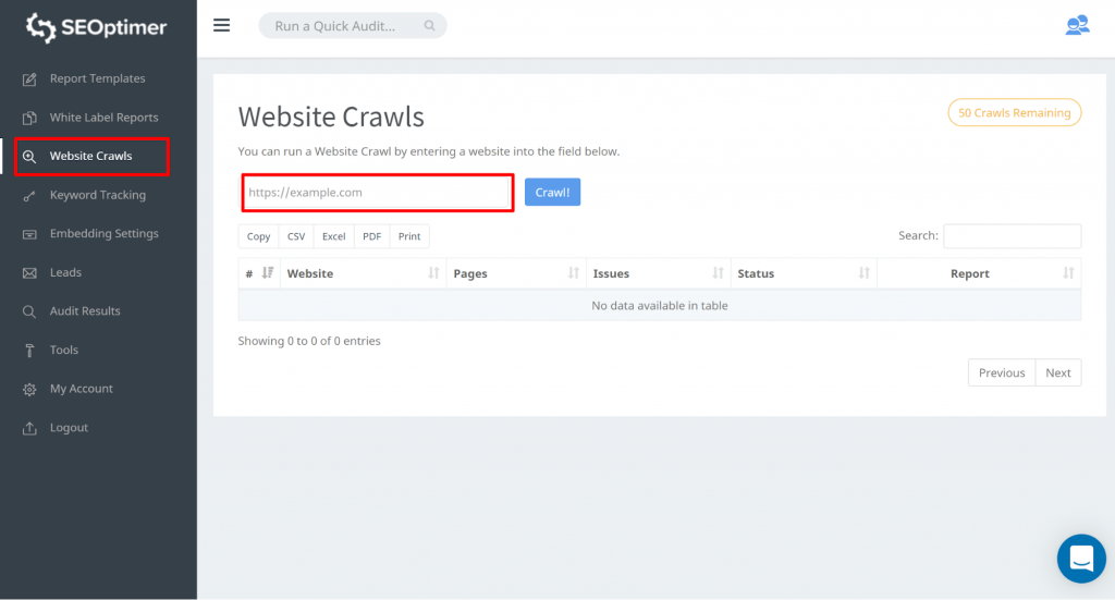 masukkan url website Anda dan tekan "crawl" alat seoptimer